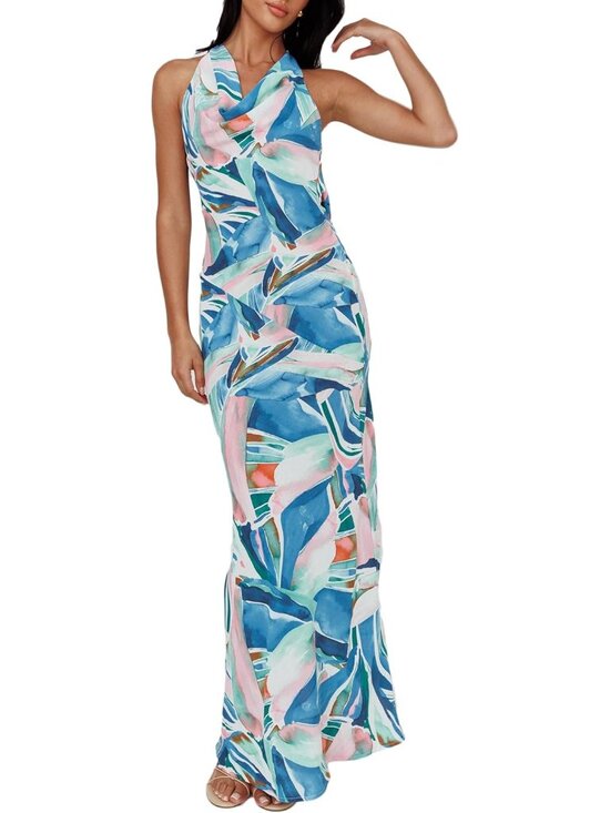 Dresses & Skirts - Womens Blue Floral Cowl Neck Summer Satin Backless Sleeveless Elegant Maxi Dress